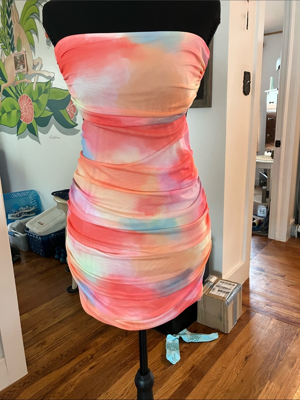 SHEIN Strapless Ruched Tie-Dye Bodycon Dress in Coral, Peach & Sky Blue